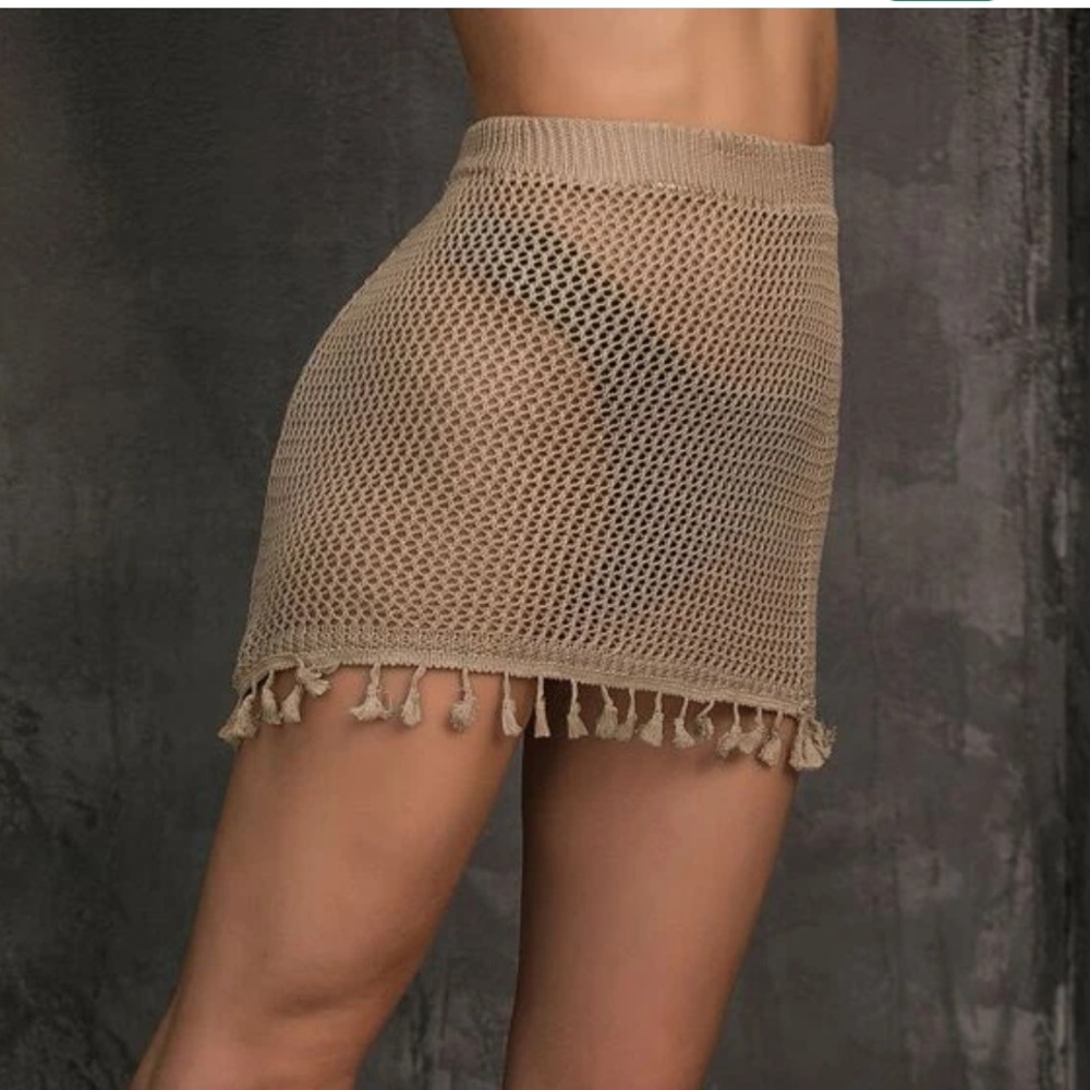Tassel Open Knit Cover Up Skirt - Khaki